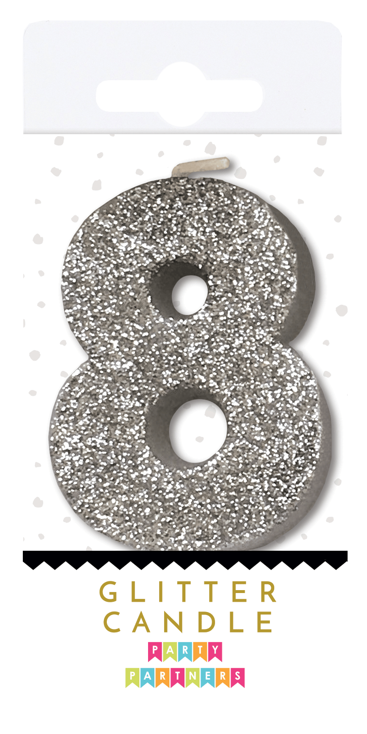 Silver glitter candle from Party Partners, decorative candle with shiny silver glitter finish, ideal for celebrations.